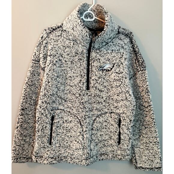 NFL Eagles Fleece Jacket Womens M Fuzzy Quarter Zip Gray White Pullover - Picture 1 of 7